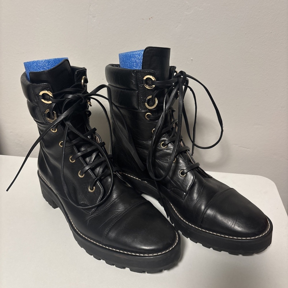 Women's Stuart Weitzman Leather Combat Boot Black Size 8.5